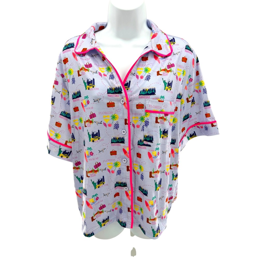 SSYS The Label Womens Travel Print Pajama Set Lavender Pink Short Sleeve Large - Picture 3 of 7